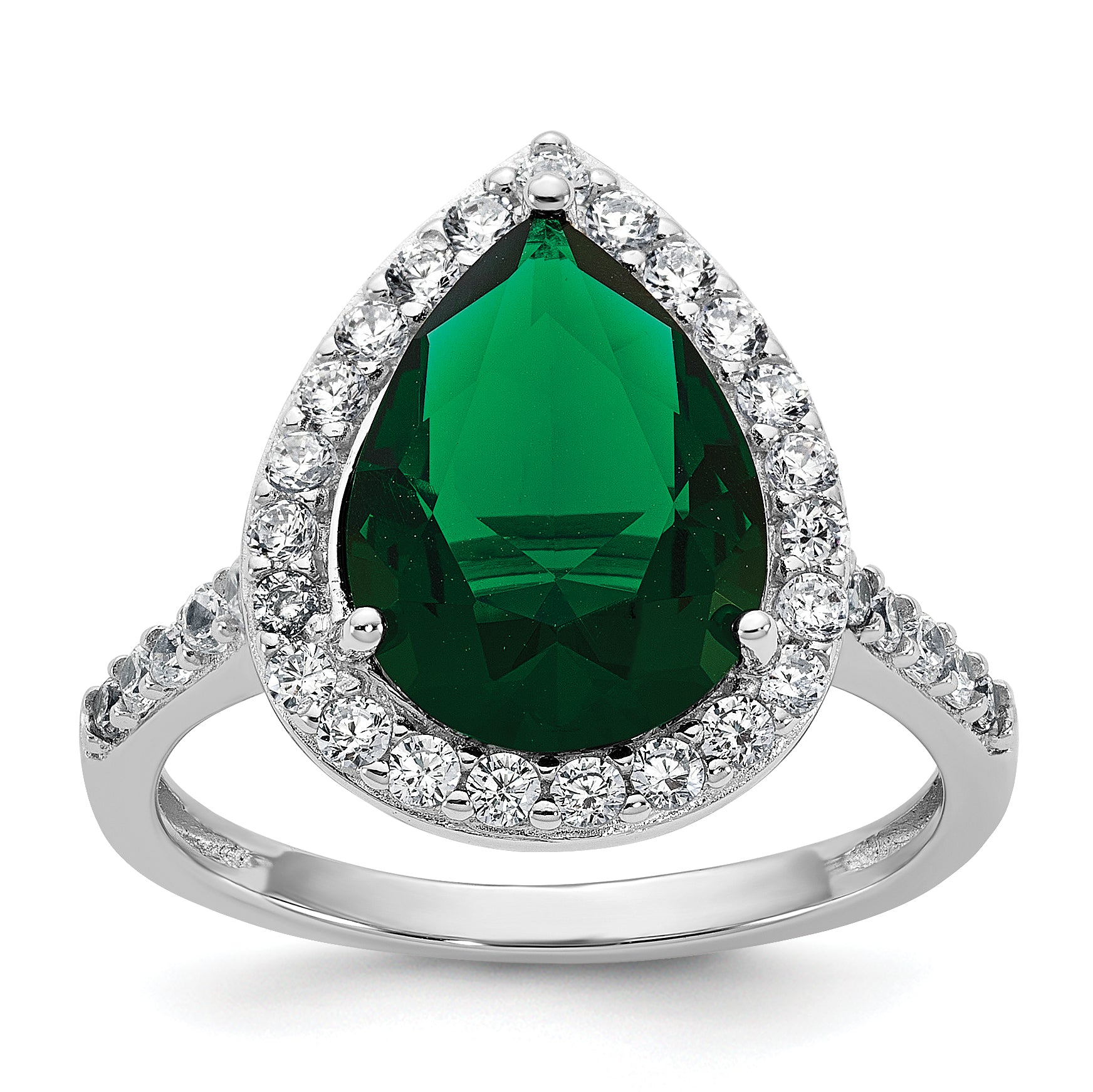 Cheryl M Sterling Silver Rhodium-plated Polished Green Glass and CZ Teardrop Halo Ring
