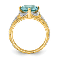 Cheryl M Sterling Silver Rhodium and Gold-plated Polished and Textured Blue Glass and CZ Ring