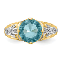 Cheryl M Sterling Silver Rhodium and Gold-plated Polished and Textured Blue Glass and CZ Ring