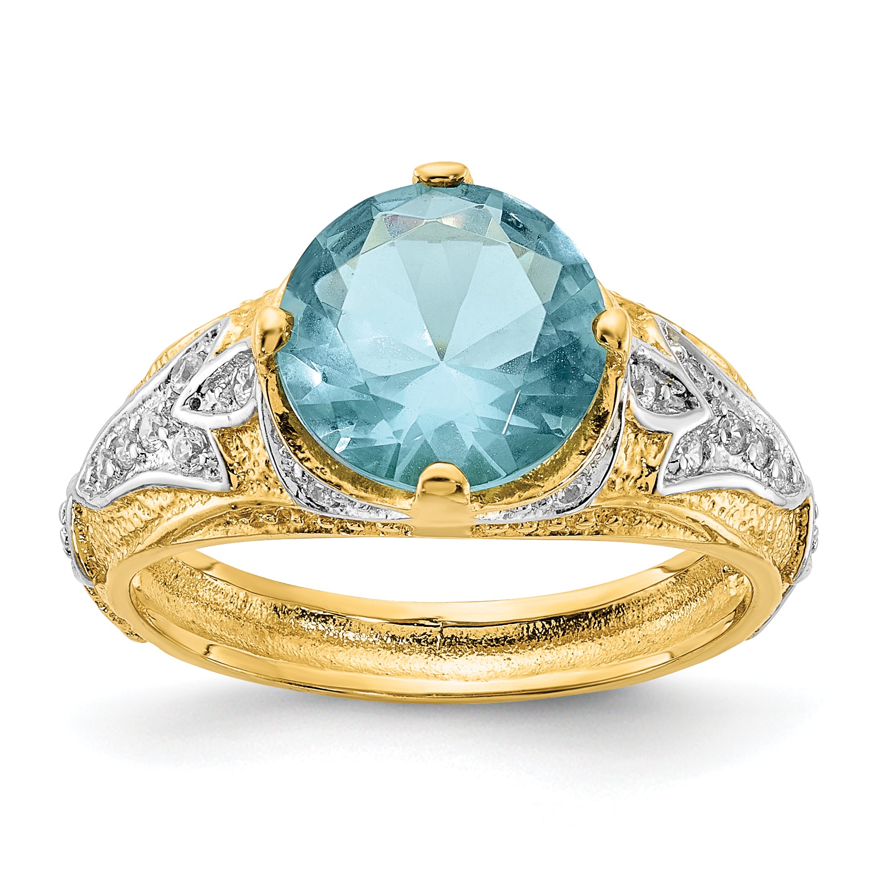 Cheryl M Sterling Silver Rhodium and Gold-plated Polished and Textured Blue Glass and CZ Ring