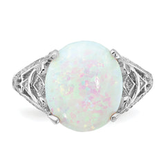 Cheryl M Sterling Silver Rhodium-plated Polished Oval Lab Created Opal and CZ Ring