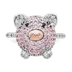 Cheryl M Sterling Silver Rhodium and Rose Gold-plated Polished Multicolor CZ Pig Ring