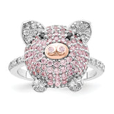 Cheryl M Sterling Silver Rhodium and Rose Gold-plated Polished Multicolor CZ Pig Ring