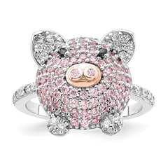 Cheryl M Sterling Silver Rhodium and Rose Gold-plated Polished Multicolor CZ Pig Ring