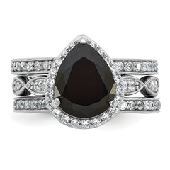 Cheryl M Sterling Silver Rhodium-plated Polished Black and White CZ Teardrop Halo 3 Ring Set