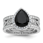 Cheryl M Sterling Silver Rhodium-plated Polished Black and White CZ Teardrop Halo 3 Ring Set