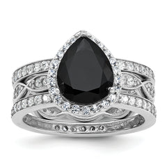 Cheryl M Sterling Silver Rhodium-plated Polished Black and White CZ Teardrop Halo 3 Ring Set