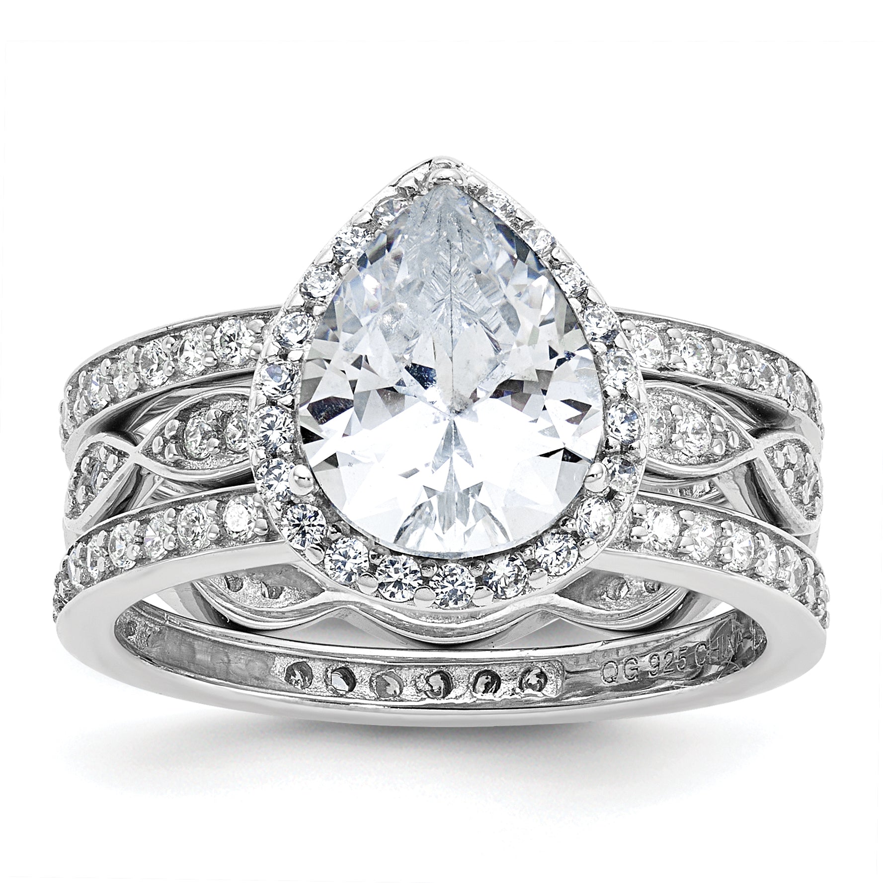 Cheryl M Sterling Silver Rhodium-plated Polished CZ Teardrop Halo 3 Ring Set