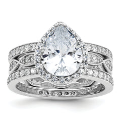 Cheryl M Sterling Silver Rhodium-plated Polished CZ Teardrop Halo 3 Ring Set