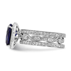 Cheryl M Sterling Silver Rhodium-plated Polished Lab Created Sapphire and CZ Teardrop Halo 3 Ring Set