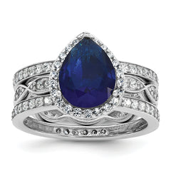 Cheryl M Sterling Silver Rhodium-plated Polished Lab Created Sapphire and CZ Teardrop Halo 3 Ring Set