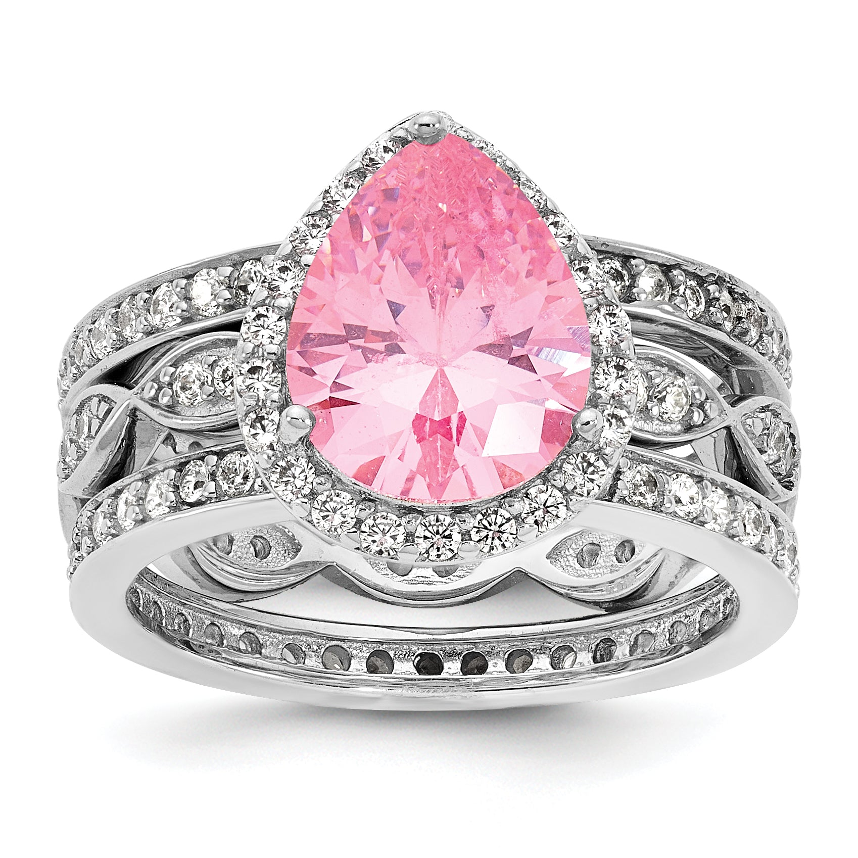 Cheryl M Sterling Silver Rhodium-plated Polished Pink and White CZ Halo Teardrop 3 Ring Set