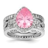 Cheryl M Sterling Silver Rhodium-plated Polished Pink and White CZ Halo Teardrop 3 Ring Set