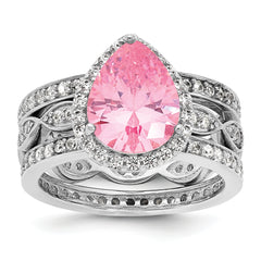 Cheryl M Sterling Silver Rhodium-plated Polished Pink and White CZ Halo Teardrop 3 Ring Set