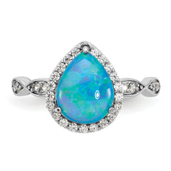 Cheryl M Sterling Silver Rhodium-plated Polished Blue Lab Created Opal and CZ Teardrop Halo Ring