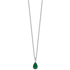 Cheryl M Sterling Silver Rhodium-plated Polished CZ and Green Glass Teardrop 18 Inch Necklace