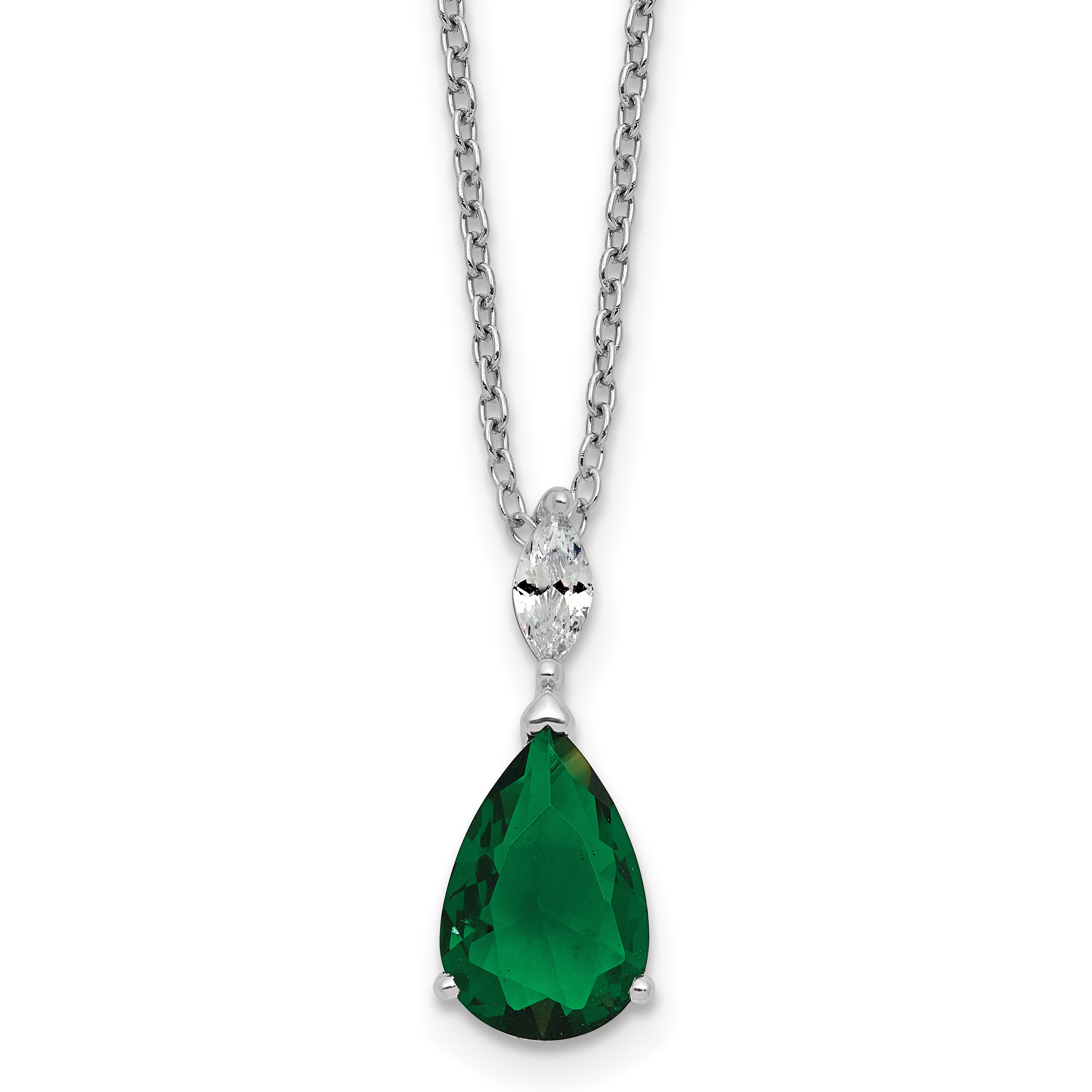 Cheryl M Sterling Silver Rhodium-plated Polished CZ and Green Glass Teardrop 18 Inch Necklace