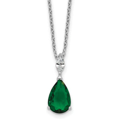 Cheryl M Sterling Silver Rhodium-plated Polished CZ and Green Glass Teardrop 18 Inch Necklace