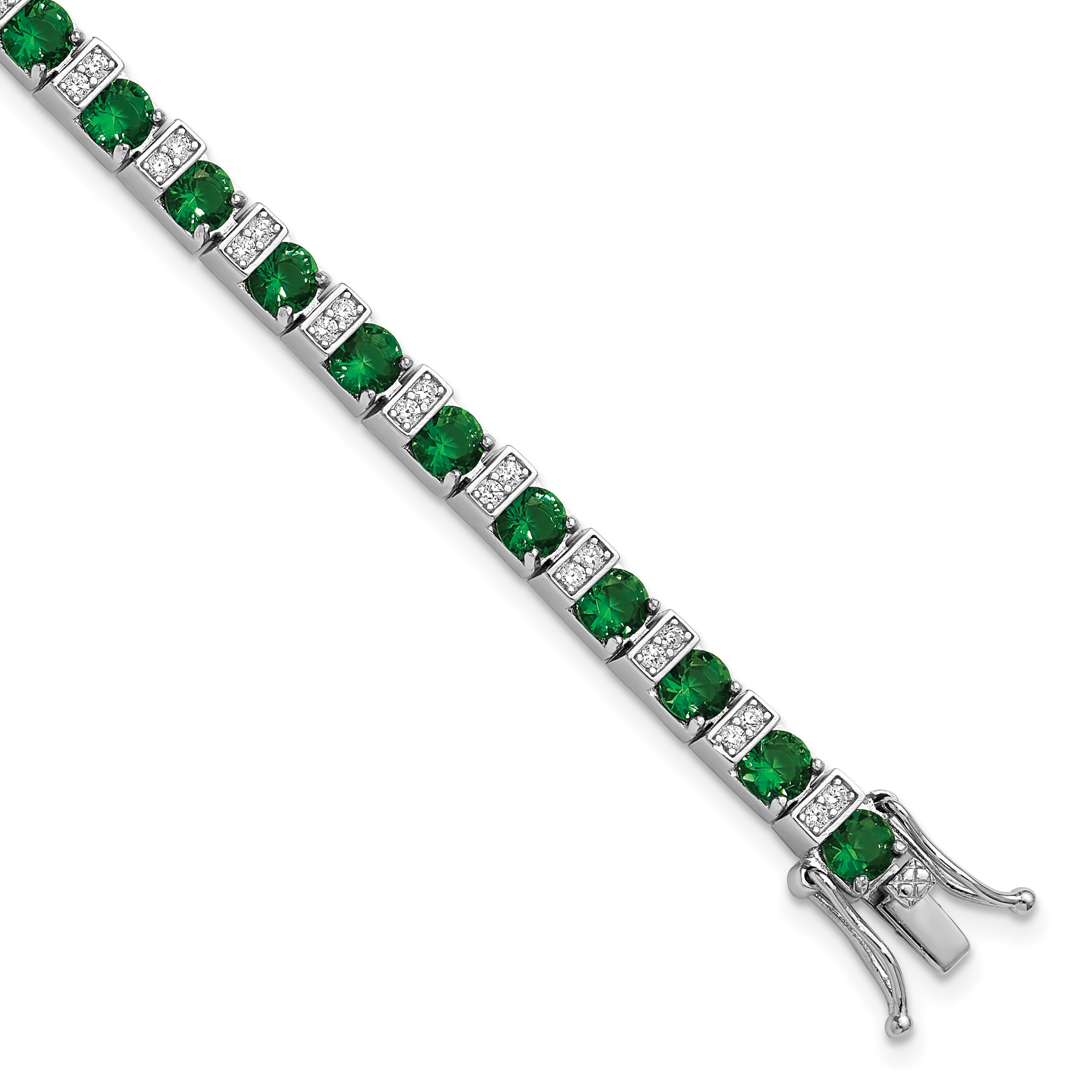 Cheryl M Sterling Silver Rhodium-plated Polished Green Glass and CZ 7.25 Inch Bracelet