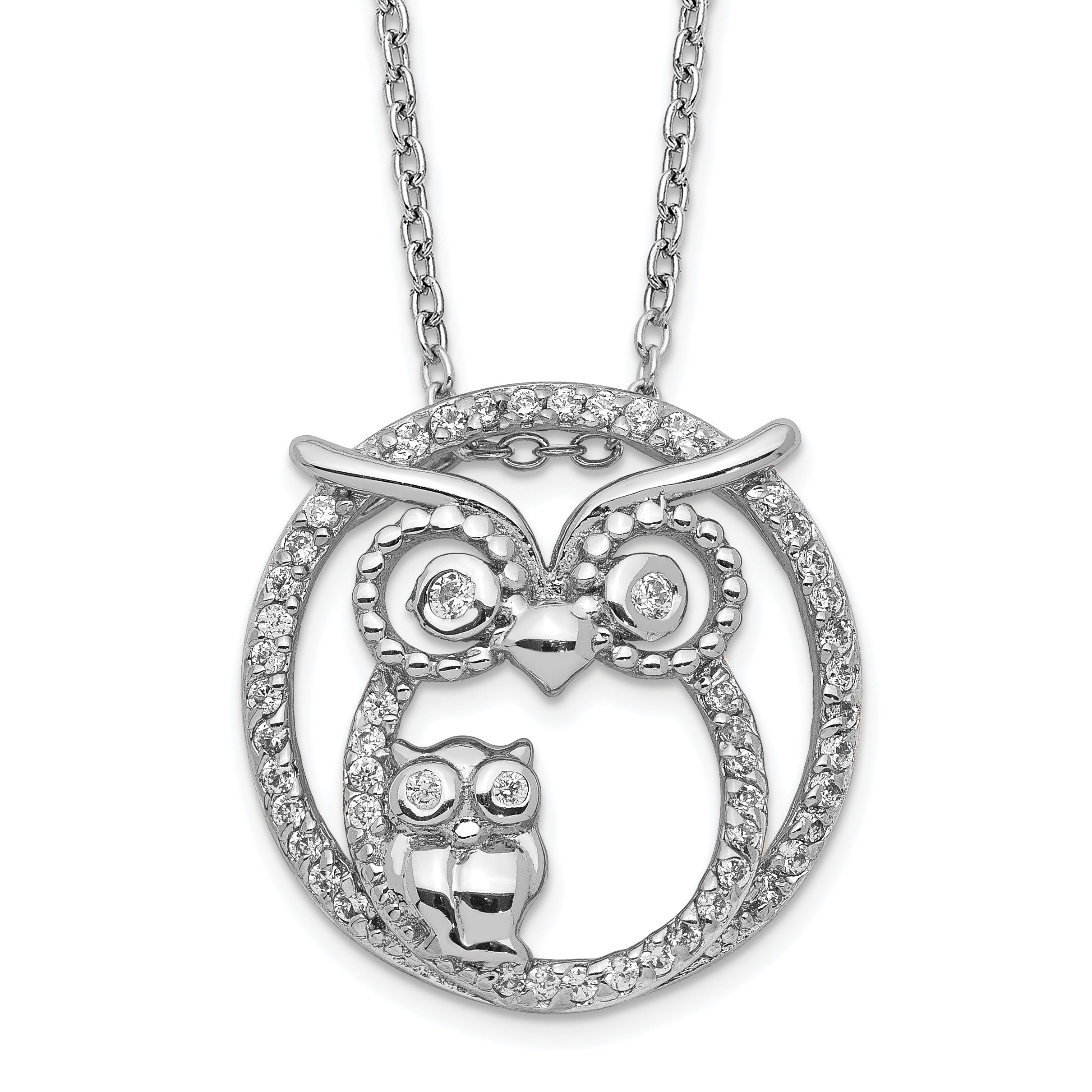 Cheryl M Sterling Silver Rhodium-plated Polished CZ Owls 16 Inch with 2 Inch Extension Necklace