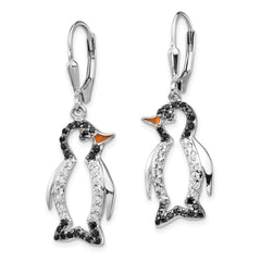 Cheryl M Sterling Silver Rhodium-plated with Black Rhodium Accent Enameled Brilliant-cut Black and White CZ Penguin Leverback Dangle Earrings