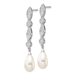 Cheryl M Sterling Silver Rhodium-plated Teardrop Freshwater Cultured Pearl and Brilliant-cut CZ Post Dangle Earrings