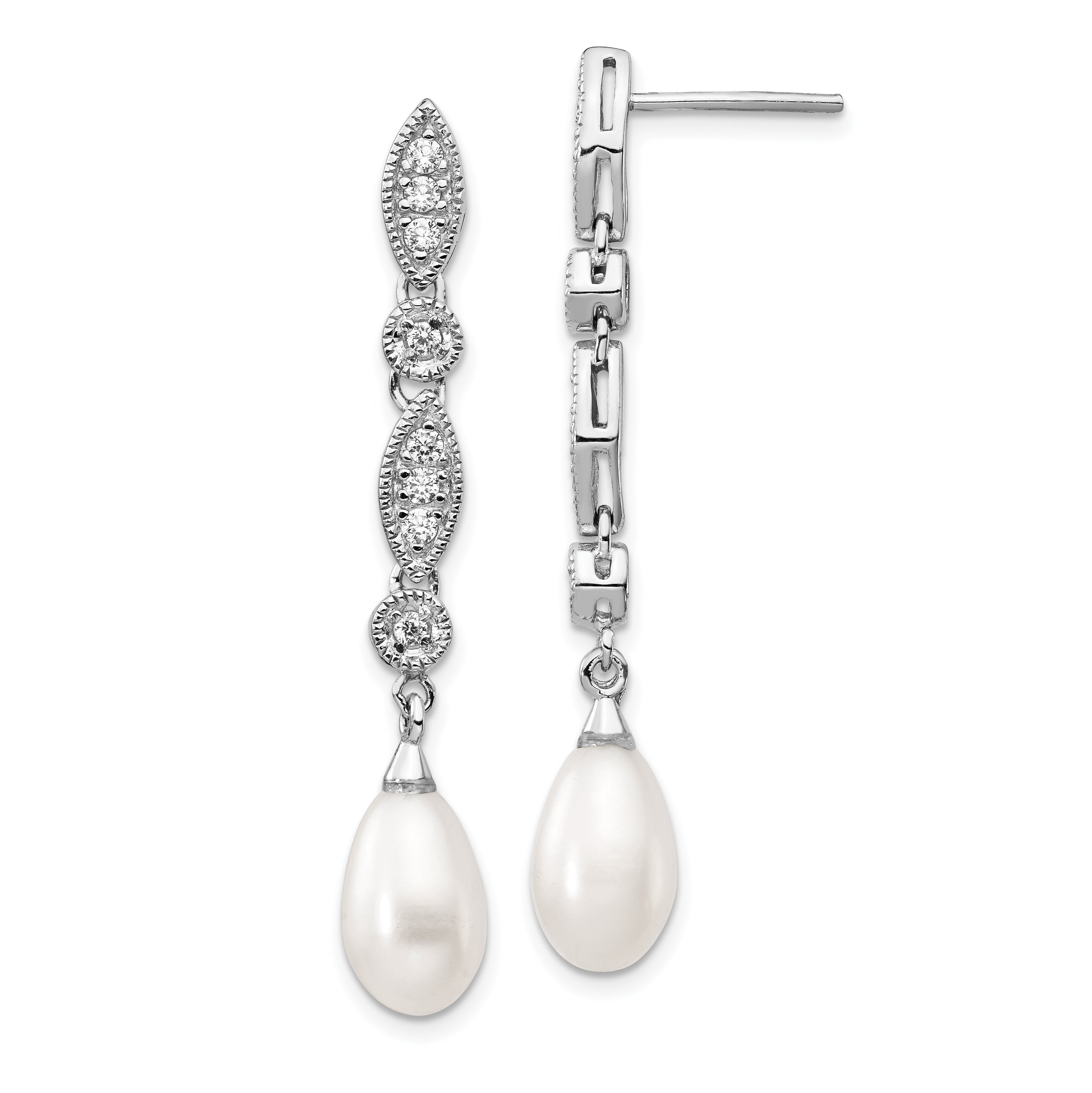Cheryl M Sterling Silver Rhodium-plated Teardrop Freshwater Cultured Pearl and Brilliant-cut CZ Post Dangle Earrings