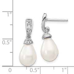 Cheryl M Sterling Silver Rhodium-plated Teardrop White Freshwater Cultured Pearl and Brilliant-cut CZ Post Dangle Earrings