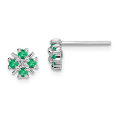 Sterling Silver Rhodium Emerald & Diamond Post Earrings