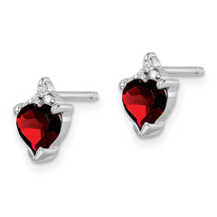 Sterling Silver Rhodium Plated Heart Garnet and Diamond Post Earrings