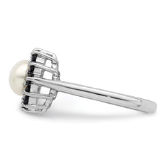 Sterling Silver Rhod 6mm FW Cultured Button Pearl & Sapphire Ring