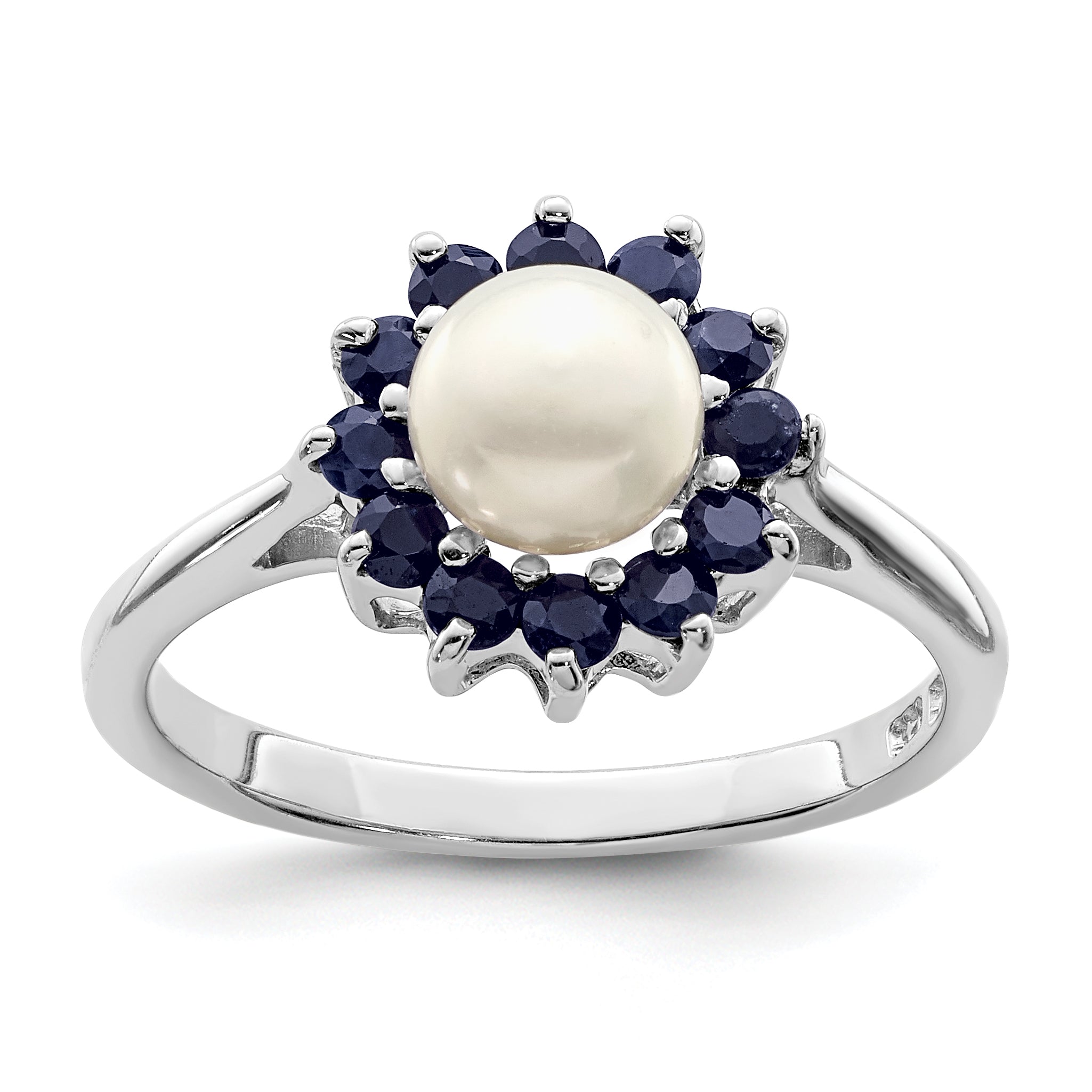 Sterling Silver Rhod 6mm FW Cultured Button Pearl & Sapphire Ring