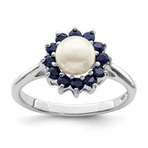 Sterling Silver Rhod 6mm FW Cultured Button Pearl & Sapphire Ring