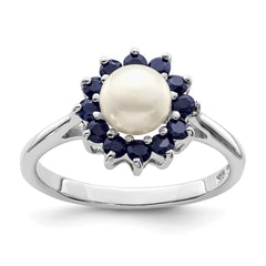 Sterling Silver Rhod 6mm FW Cultured Button Pearl & Sapphire Ring