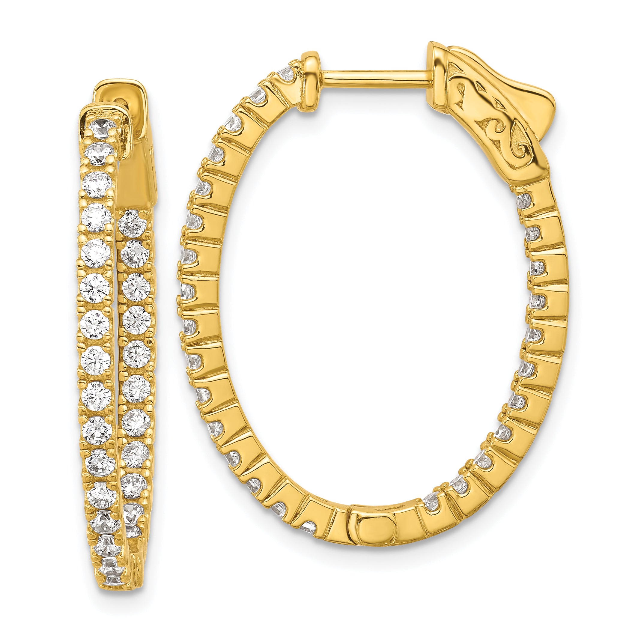 Sterling Shimmer Sterling Silver Gold-tone Flash Gold-plated 1.7mm CZ 54 Stone Oval In and Out Hinged Hoop Earrings