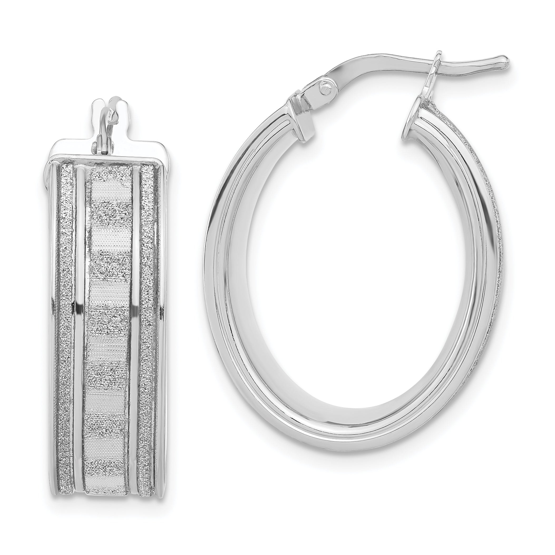 Sterling Silver Polished Baguette Glitter Infused Oval Hoop Earrings