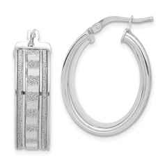 Sterling Silver Polished Baguette Glitter Infused Oval Hoop Earrings