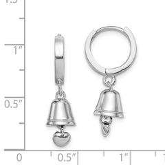Sterling Silver RH-plated Polished Bell w/Heart Hinged Hoop Earrings
