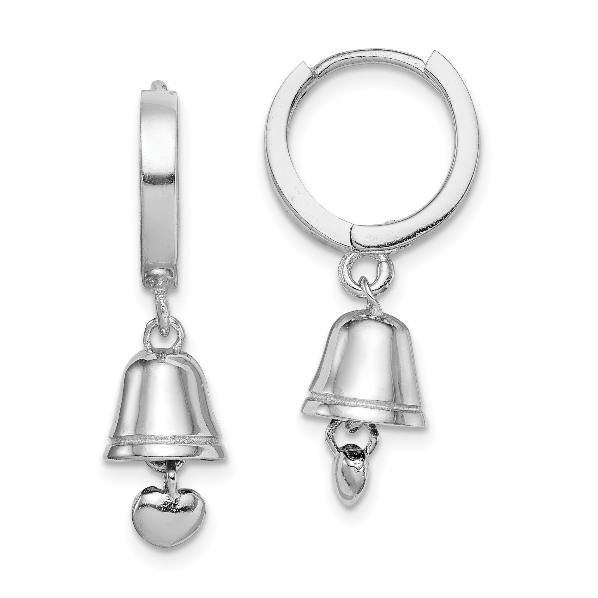 Sterling Silver RH-plated Polished Bell w/Heart Hinged Hoop Earrings