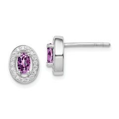 Sterling Silver Rhod-pltd June Purple and White CZ Oval Post Earrings