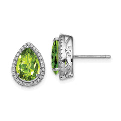 Sterling Silver Rhodium Polished Simulated Peridot & CZ Post Earrings