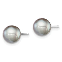 Sterling Silver Rhodium-plated 7-8mm Grey Round Freshwater Cultured Pearl Post Earrings