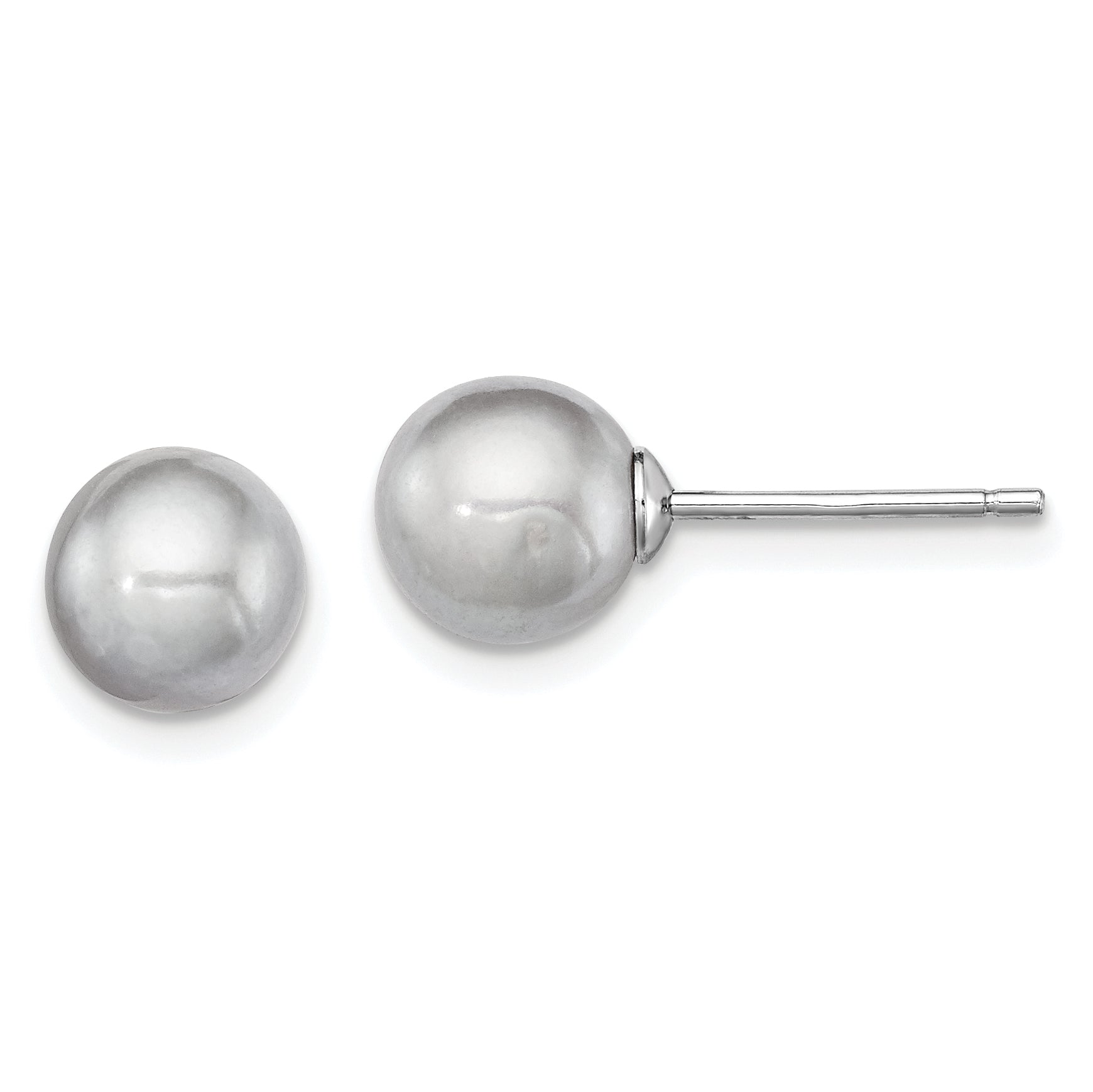 Sterling Silver Rhodium-plated 7-8mm Grey Round Freshwater Cultured Pearl Post Earrings