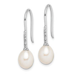 Sterling Silver Rhodium-plated 7-8mm White Teardrop Freshwater Cultured Pearl and CZ Dangle Earrings