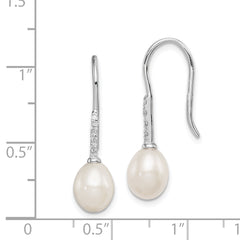 Sterling Silver Rhodium-plated 7-8mm White Teardrop Freshwater Cultured Pearl and CZ Dangle Earrings