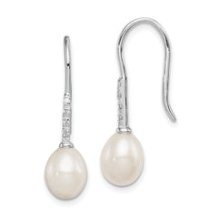 Sterling Silver Rhodium-plated 7-8mm White Teardrop Freshwater Cultured Pearl and CZ Dangle Earrings