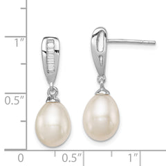 Sterling Silver Rhodium-plated 7-8mm White Rice Freshwater Cultured Pearl and CZ Post Dangle Earrings