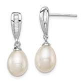 Sterling Silver Rhodium-plated 7-8mm White Rice Freshwater Cultured Pearl and CZ Post Dangle Earrings