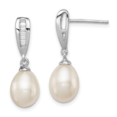 Sterling Silver Rhodium-plated 7-8mm White Rice Freshwater Cultured Pearl and CZ Post Dangle Earrings