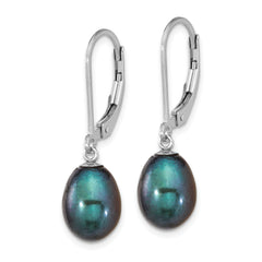 Sterling Silver Rhodium-plated 7-8mm Black Teardrop Freshwater Cultured Pearl Leverback Dangle Earrings